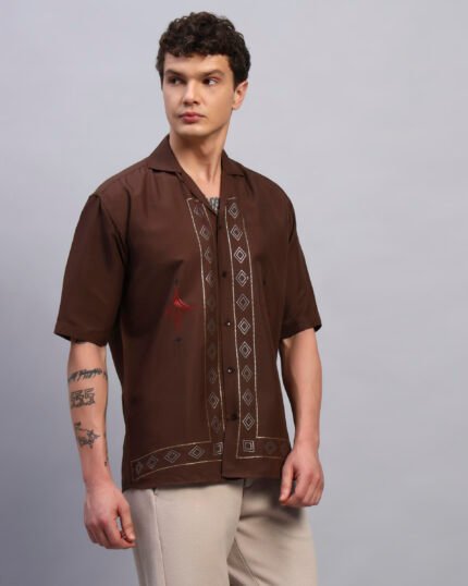 Mocha Grid - Box fit Sequin Spangled Shirt